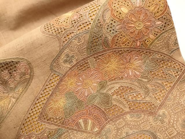 平和屋着物○中国三大刺繍 スワトウ相良刺繍 総刺繍 太鼓柄袋帯 紬地