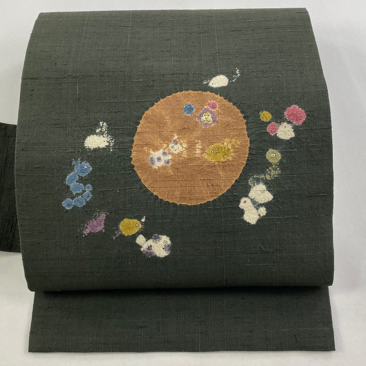 名古屋帯 紬地 十二支 絞り 墨色 正絹