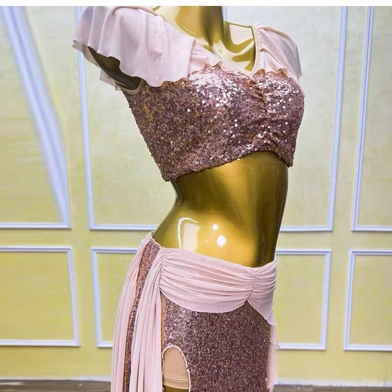 変化 ♥ ベリーダンス オリエンタル衣装 トップス スカート オーダーメイド ステージ衣装 スパンコールセットアップ ピンク セール開催中！