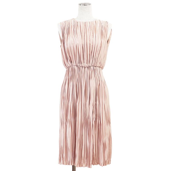 GUCCI グッチ ワンピース プリーツ ＆ ギャザー ロゴ ボタン ノースリーブ ラウンドネック 切替 トリアセテート ポリ ドレス レディース サイズ 36 ピンク 桃色 イタリア製