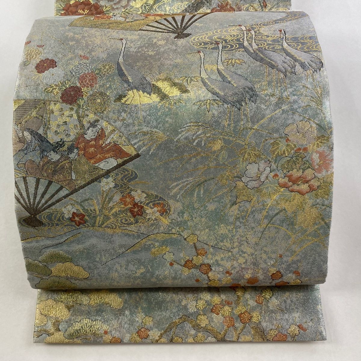 丸帯 琳派絵画絵巻 扇 鶴 箔 薄緑 全通 正絹