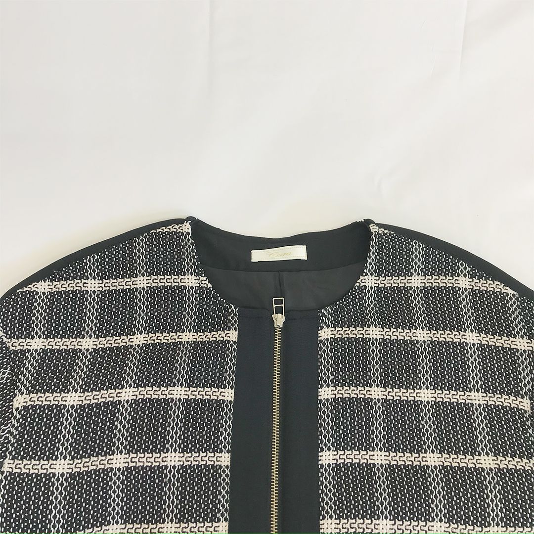 美品 】 CARA カーラ ツイード ノーカラー ジャケット ブラック