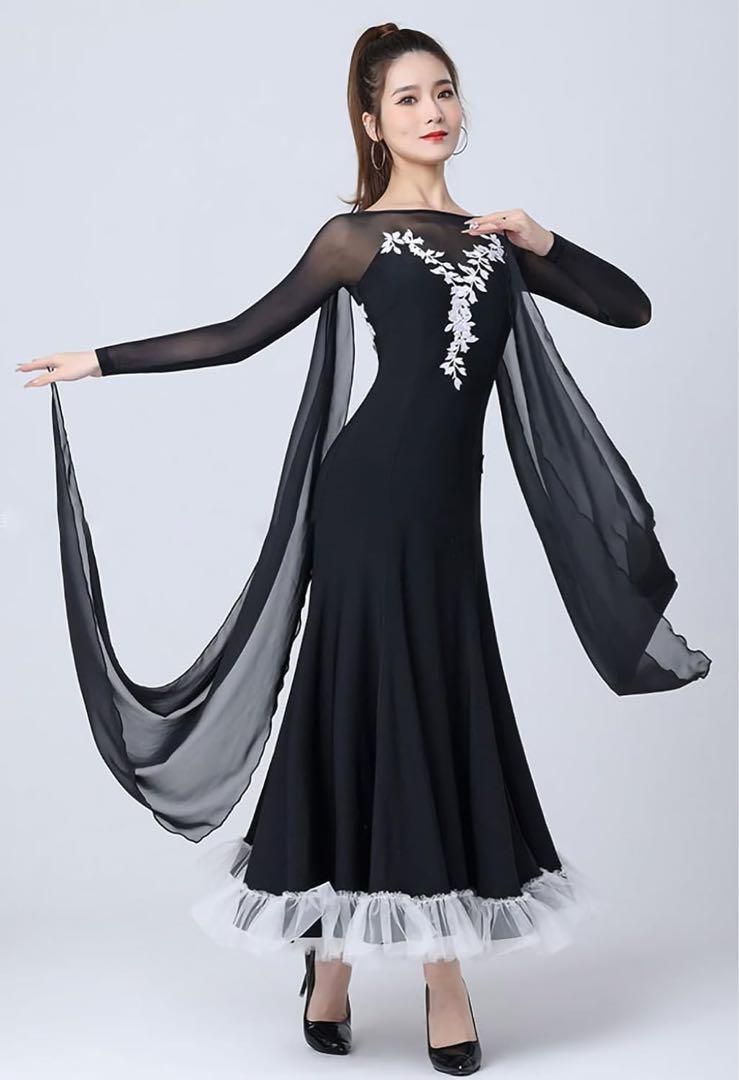 上品 社交ダンスドレス 刺繍花柄 フロント付き袖 モダンダンス衣装ダンスドレス 新品・未使用上品 社交ダンスドレス 刺繍花柄 フロント付き袖