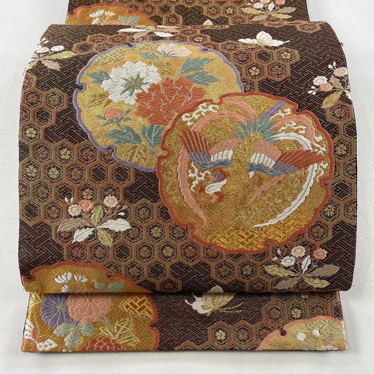 袋帯 秀品 雪輪 鳳凰 金糸 箔 焦茶色 六通 正絹 【中古】 - メルカリ 袋帯 秀品 雪輪 鳳凰 金糸 箔 焦茶色 六通 正絹 【中古】 - メルカリ