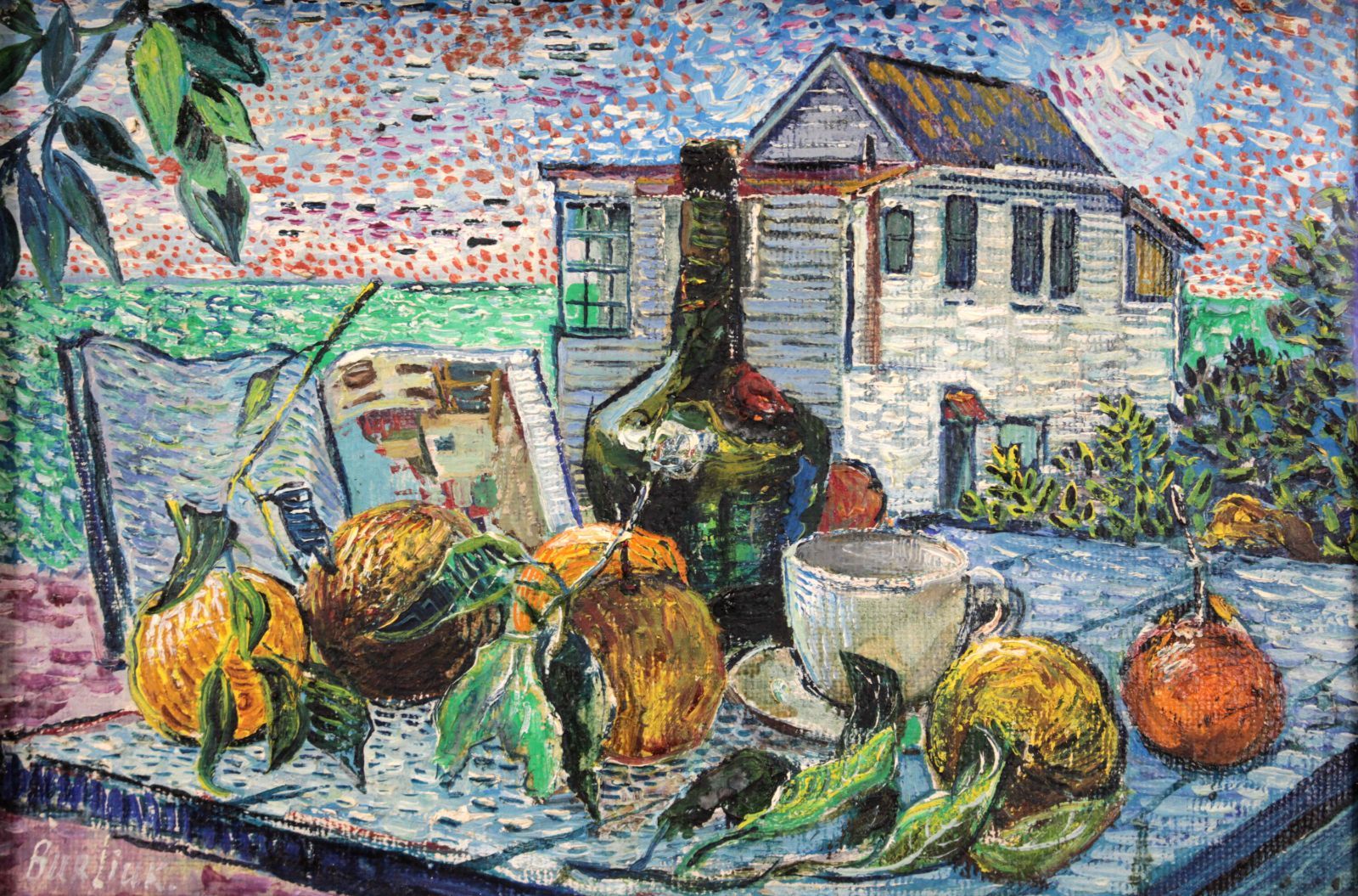 ダヴィド・ブルリューク 「静物と白い家のある景色」 油絵・油彩画 絵画 ダヴィド・ブルリューク 『静物と白い家のある景色』 油彩画