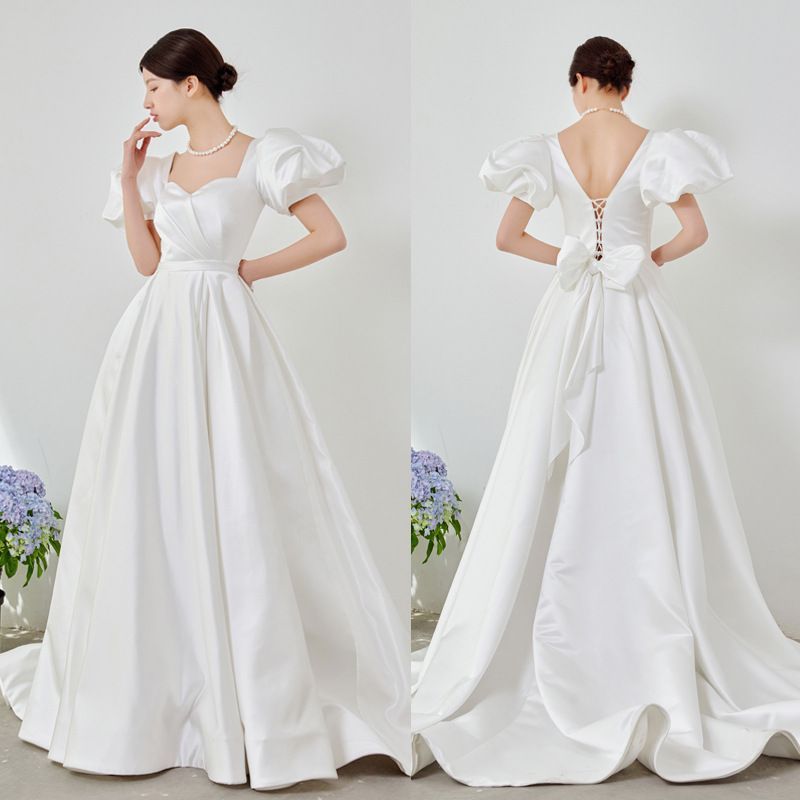 プリンセス風 軽量ウェディングドレス パフスリーブ サテン ホワイト Aライン XS〜XXXL 結婚式 ガーデン婚 演出