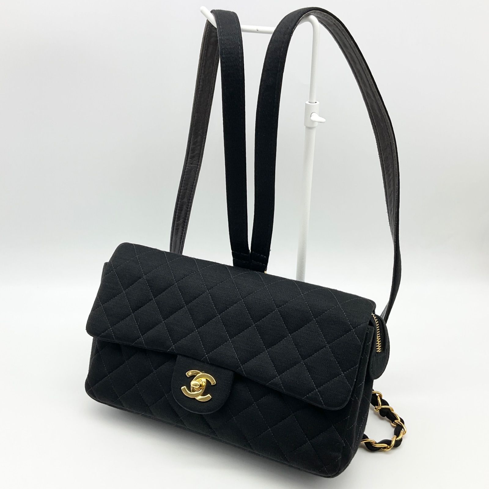 ●CHANEL シャネル マトラッセ25 ココマーク チェーン リュック バックパック ブラック ゴールド金具 コットンジャージ ターンロック レディース ABランク 2_244
