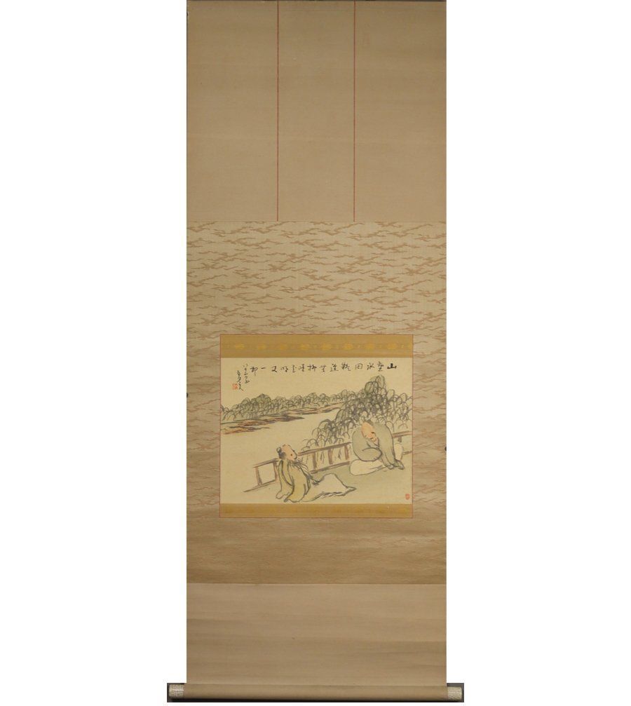 源・M》浄土真宗 西本願寺派 津田白印 自画讃 彩色山水人物図/箱