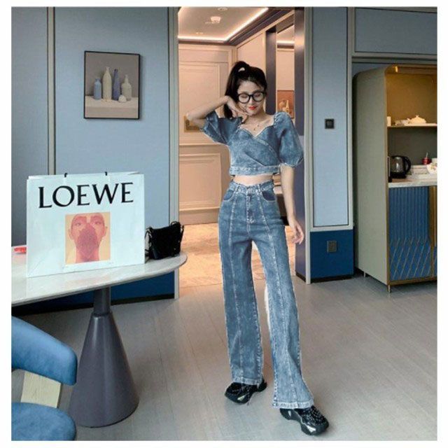 カジュアル 2点セット デニムパフスリーブ半袖トップス＋パンツ セットアップ レディース カジュアル 夏 デニムパンツ ワイド