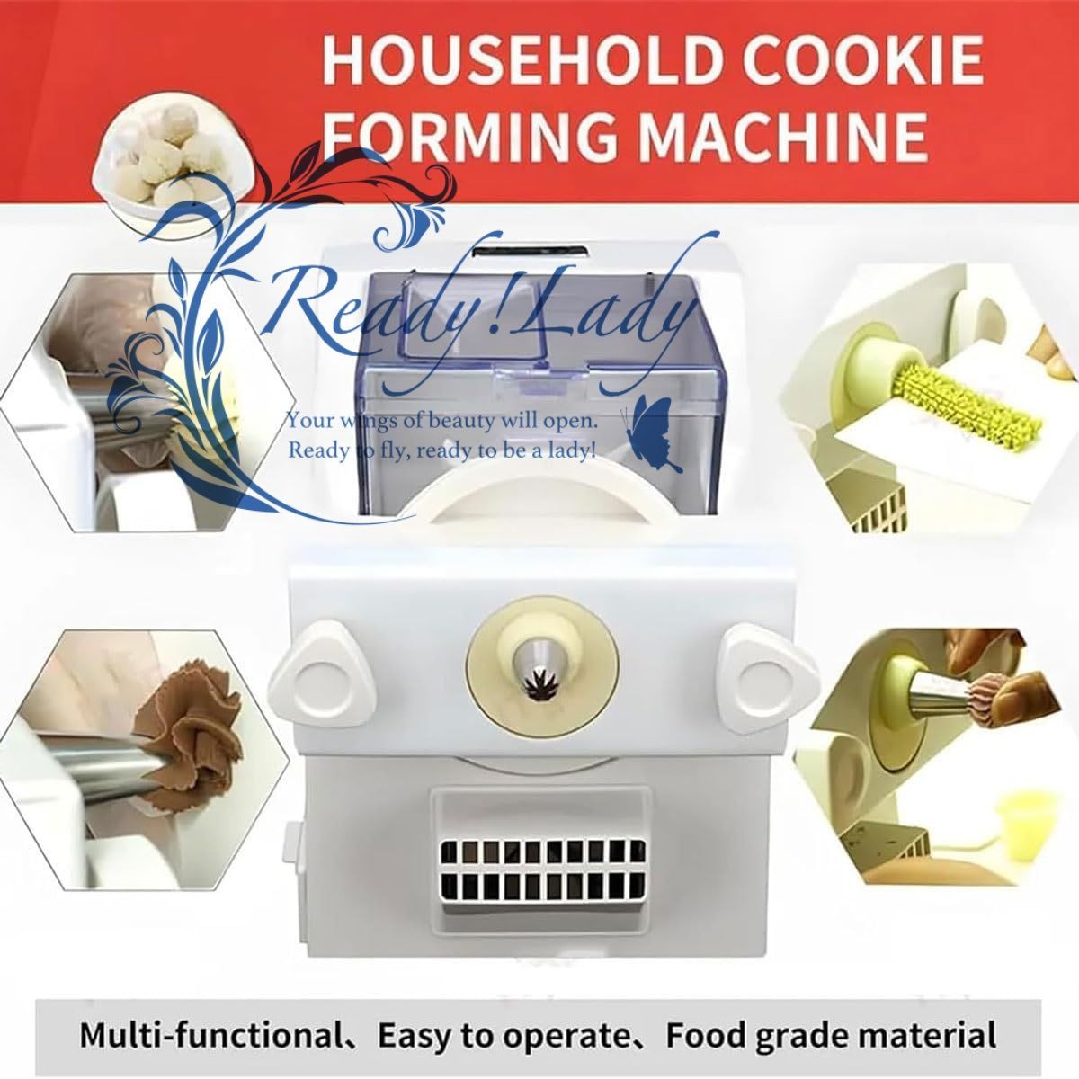 自動エレクトリッククッキープレスメーカーマシン-180Wビスケットフォームメーカー8個のノズルと6本の金型を簡単に自家製クッキーにします