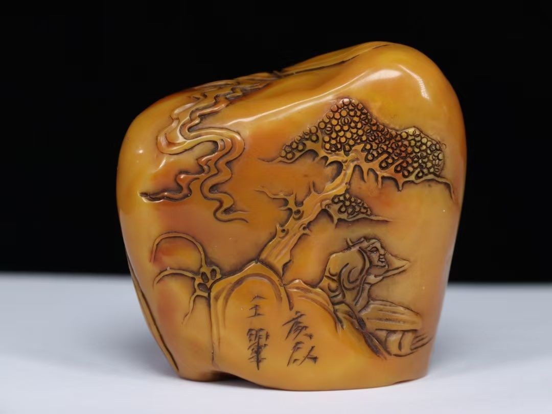 中国古美術.旧蔵. 寿山石彫刻.松下老人紋.随形印鑑置物.骨董品25091311