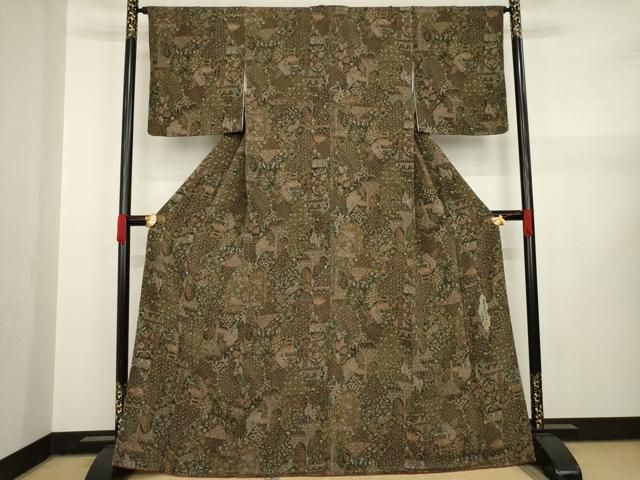 スピ買□ 1円 逸品 小紋 赤茶 更紗文 二代目更甚 正絹