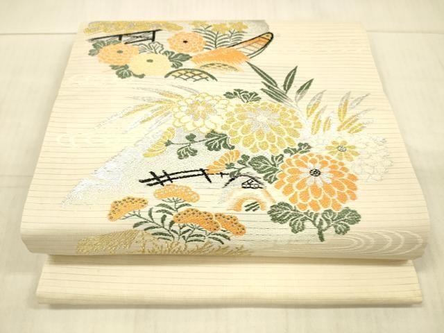 平和屋着物＊夏物 アンティーク 大正ロマン 丸帯 引き抜き帯 風景草花文 金銀糸 正絹 DAAX5932cm