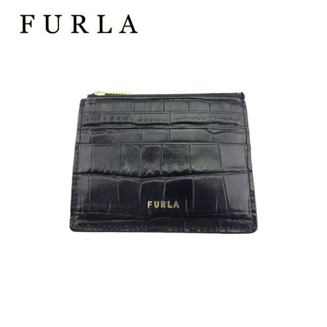 フルラ カードケース パスケース 定期入れ レディース クロコ調 ブラック ゴールド 型押しレザー FURLA C4556 - メルカリ