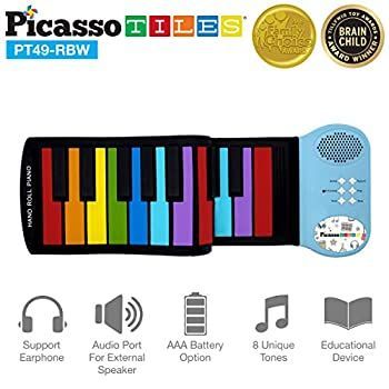 PicassoTiles PT49 キッズ 49キー 柔軟 ロールアップ 教育 電子 デジタル 音楽 ピアノ キーボード 録音機能付き 8種類のトーン 教育デモ曲6本 内