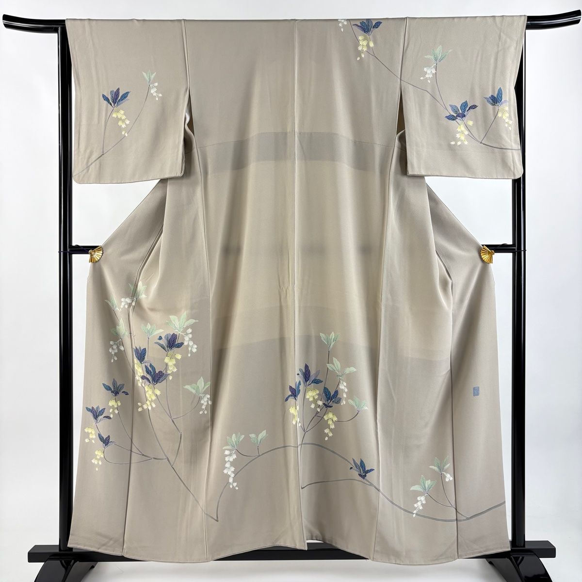 訪問着 身丈158cm 裄丈65cm M 袷 落款 枝花 灰茶 正絹 秀品