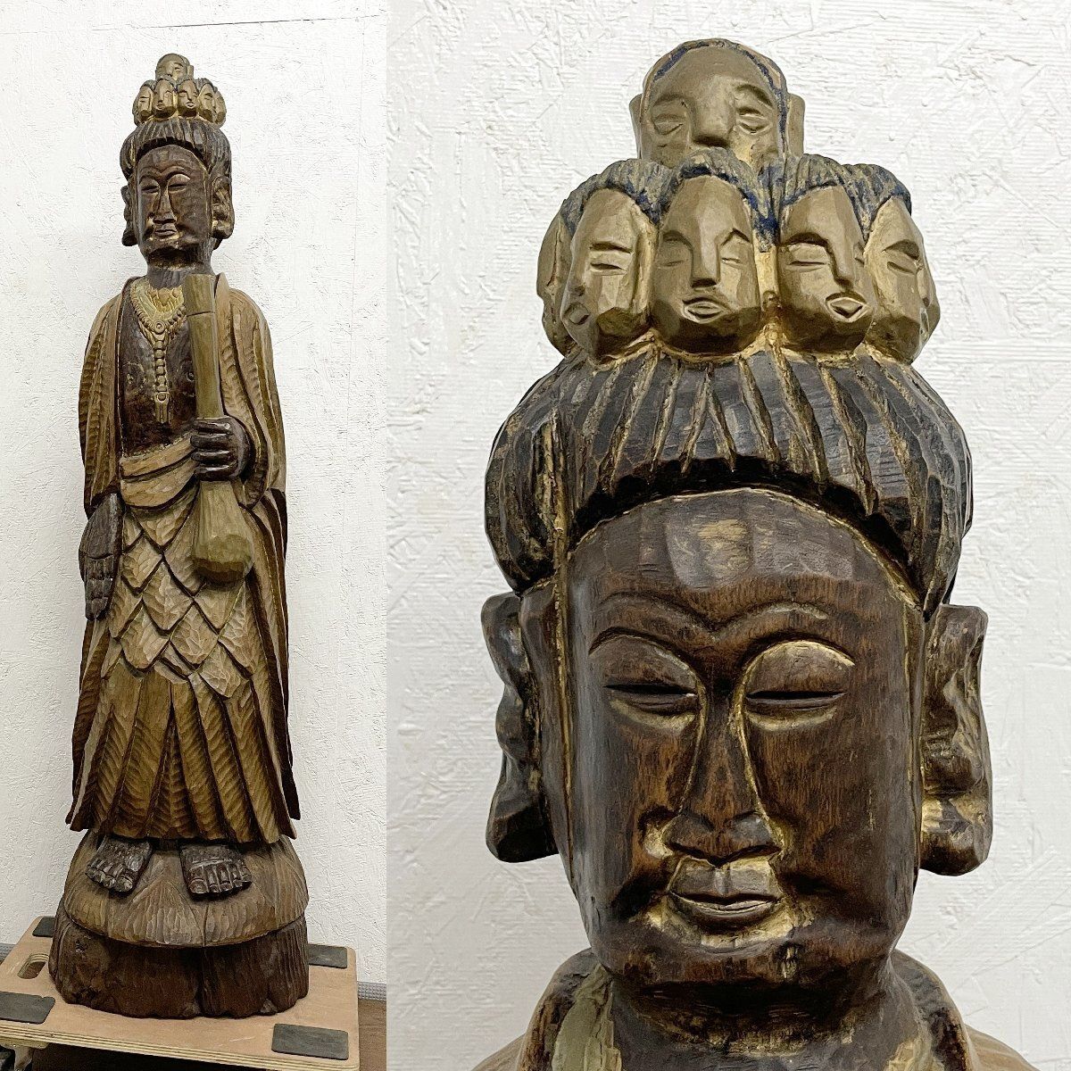 ● 銘あり 十一面観音像 仏像 高さ154cm 天然木 木彫り 美術品 アート 時代物 仏教美術 一点物 1973年作 貝1263
