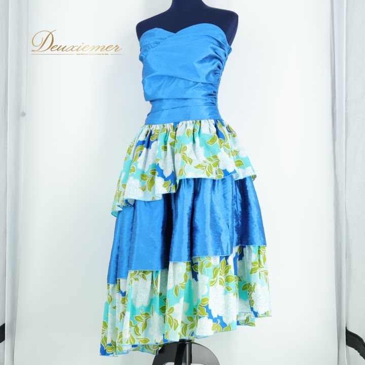 【ハワイ製 フラダンス衣装】ブルー CC Fashions ワンピース ドレス 青 水色 キャミソール 花柄 フリル ハワイアン かわいい ハワイ製 フラダンス衣装】ブルー CC Fashions ワンピース