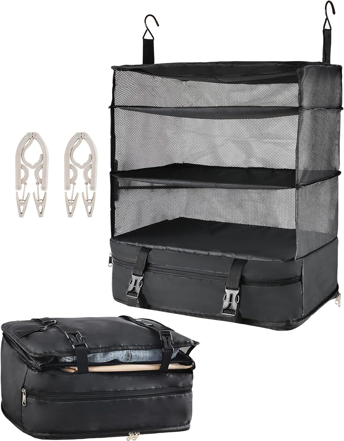 【特別セール】クローゼット 収納ボックス 吊り下げ 【折りたたみハンガー2個付き】 収納ポーチ 大容量 持ち運べる 旅行圧縮バッグ 折りたたみ式 省スペース トラベル/旅行/出張/入院/衣類