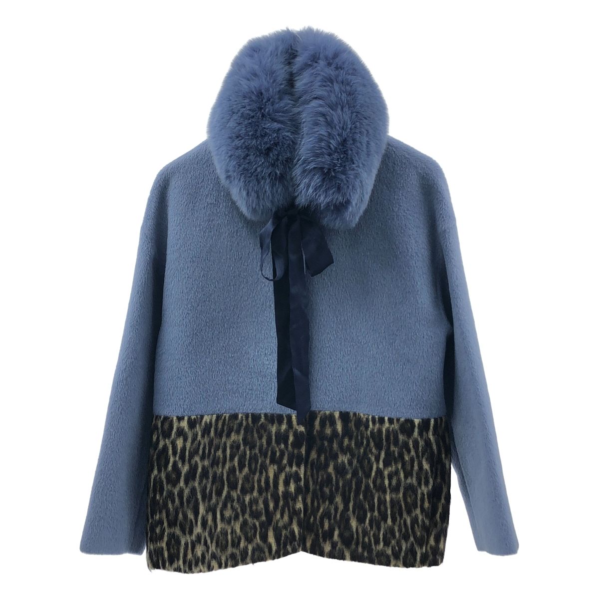 Drawer | ドゥロワー | ファー付き レオパード ノーカラー ショートコート | 総裏地 | ブルー|ブラウン | レディース
