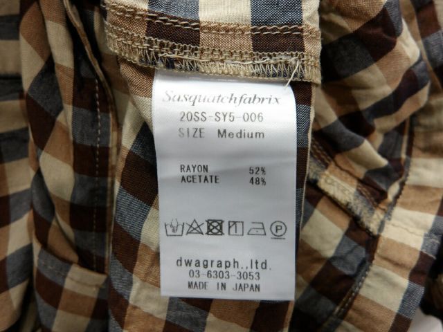 SASQUATHFABRIX BLOCK CHECK H/S SHIRT サスクワッチファブリックス ブロックチェック シャツ 大名店