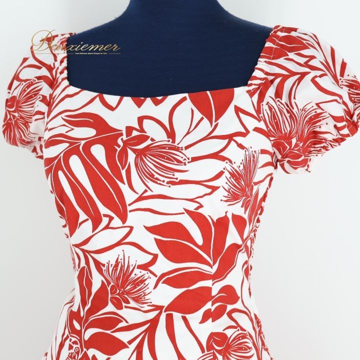 フラダンス 衣装 ツーピース ホワイト系 アロハ フラ ダンス 白 赤 花柄 セットアップ 上下セット 鮮やか アロハ フリル 華やか ハワイアン レフア柄 ALOHA STANDARDS ハワイアンプリント トップス スカート レッド系