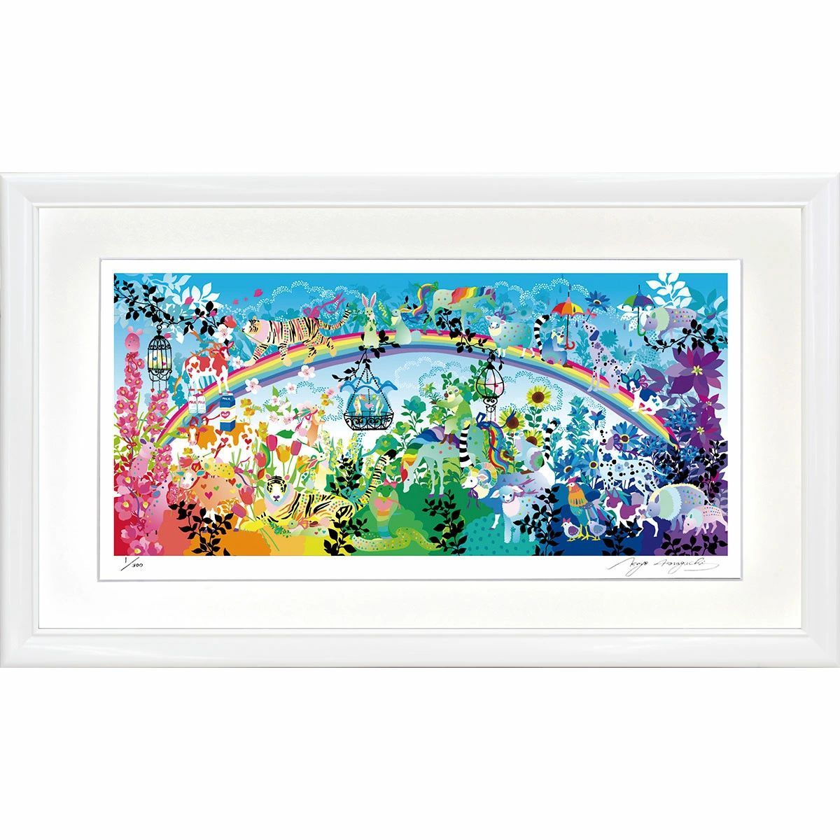 ホラグチカヨ 「巡り巡りまたいつかきっと会える」 ジクレー版画 額付き 額装画 複製画 グラフィックアート ジークレー かわいい レインボー 作品  横長の絵 新築祝い 誕生日ギフト 購入 【ZDG-C6730】