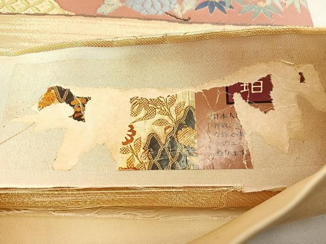 平和屋着物◎六通柄袋帯 唐織 横段扇面鶴花文 金糸 正絹 逸品