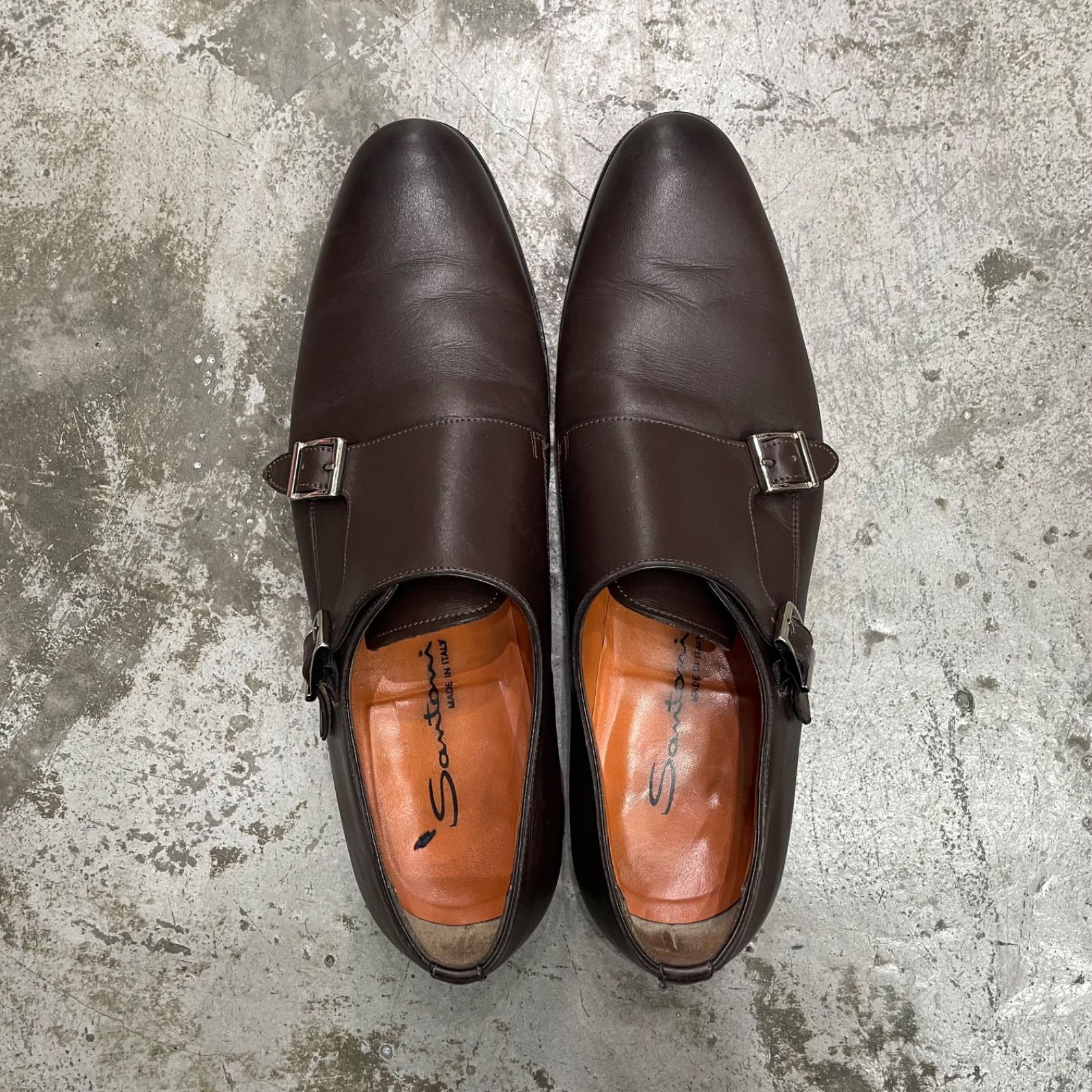 SANTONI レザー カーフ ダブルモンク ストラップ スリッポン