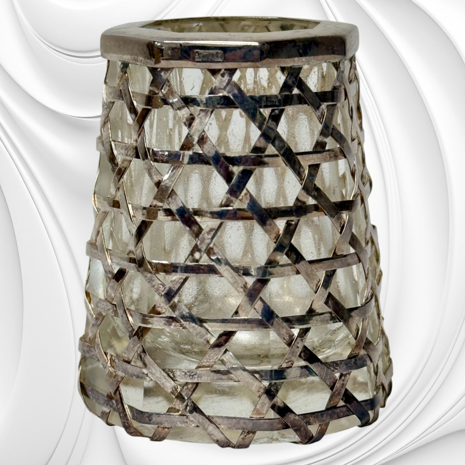 希少品】尚美堂 銀製 爪楊枝入れ 銀被せ 格子 籠目 銀細工 工芸品 昭和