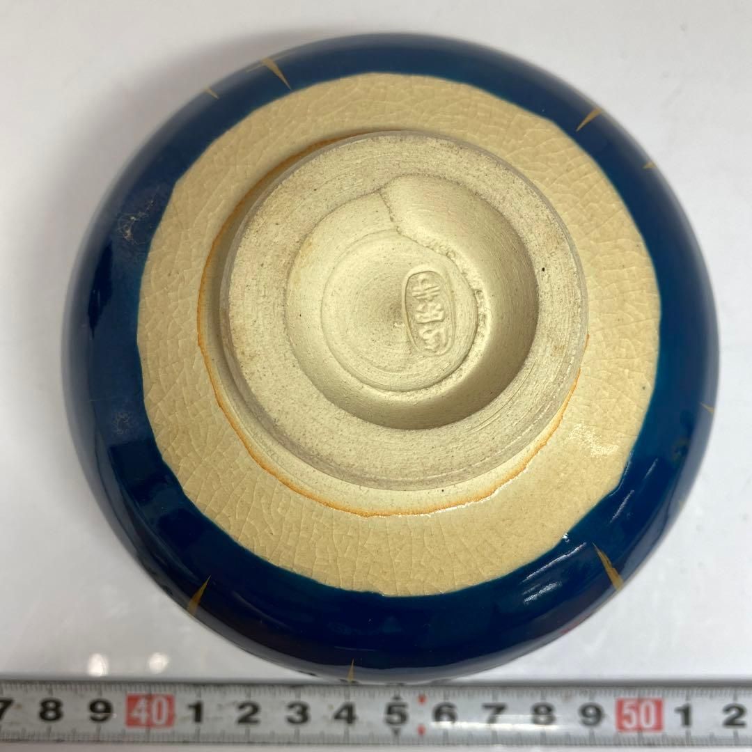 杉田拝平 清閑寺窯海碧地金彩御題画 茶碗 共箱直径11.5cm東H5-1105①