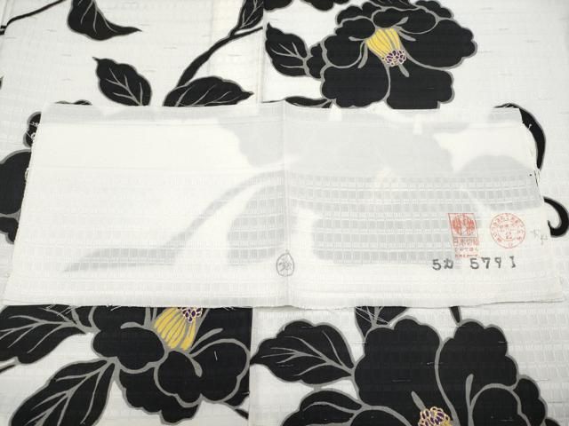 平和屋本店▽極上 BANKAN わものや 紬 単衣 椿 金彩 反端付き 白地