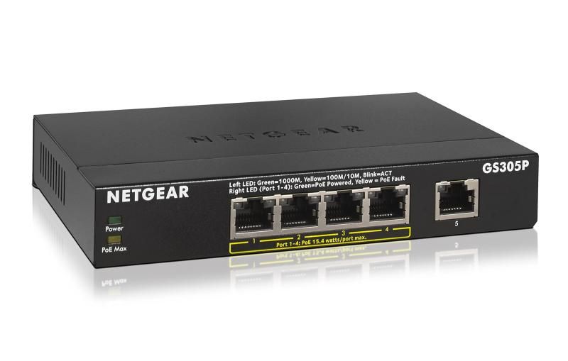 メーカ NETGEAR 卓上型コンパクト アンマネージスイッチングハブ GS305P ギガビット 5ポート PoE 4ポート 55W 静音ファンレス 省電力設計