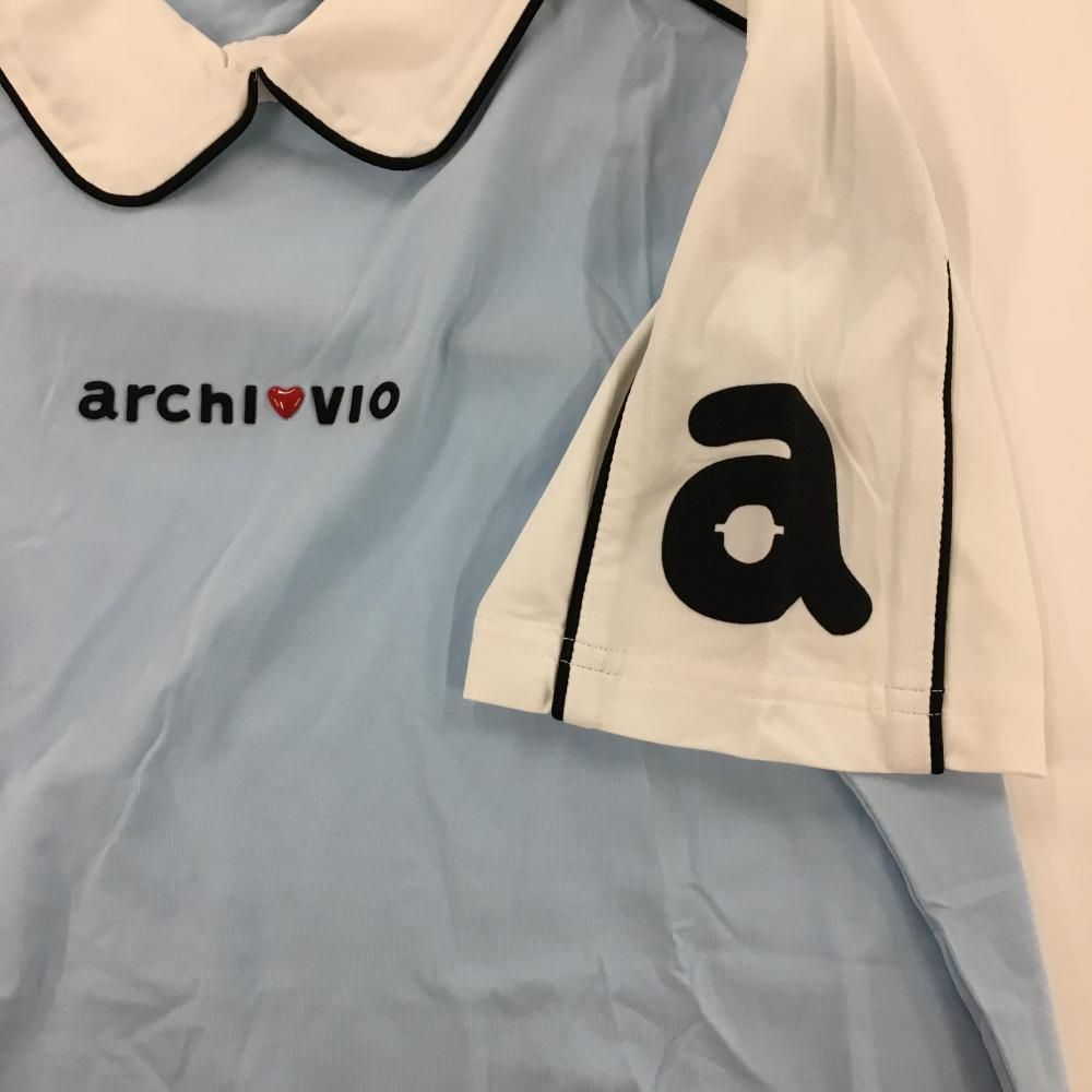 【美品】アルチビオ ARCHIVIO ハートロゴ シャツ 38 Mサイズ 超美品】アルチビオ 襟付き半袖シャツ ライトブルー×白 袖ロゴ ハート
