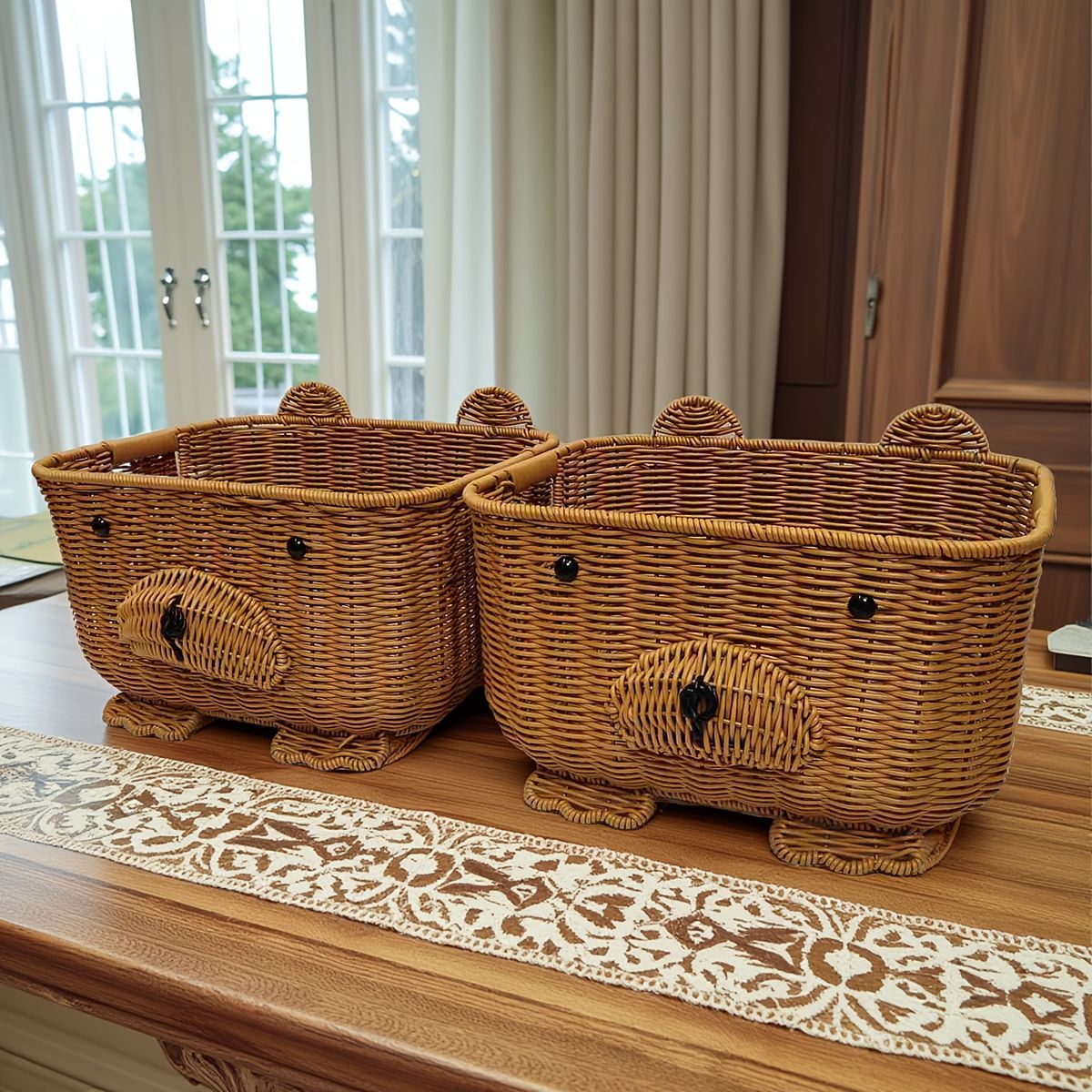 2個セット 手編みベアバスケット かわいいPP素材 日本風レトロデザイン ギフト ガーデン キャンプ パーティーに最適 感謝祭～新年まで年間通して使える装飾