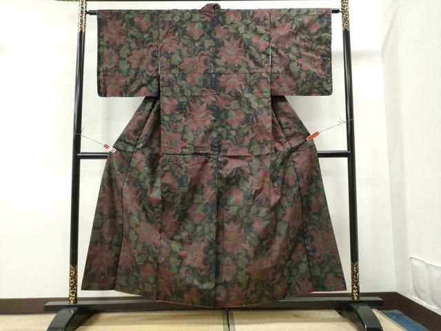 平和屋着物○本場大島紬 7マルキ 更紗草花文 正絹 逸品 未使用