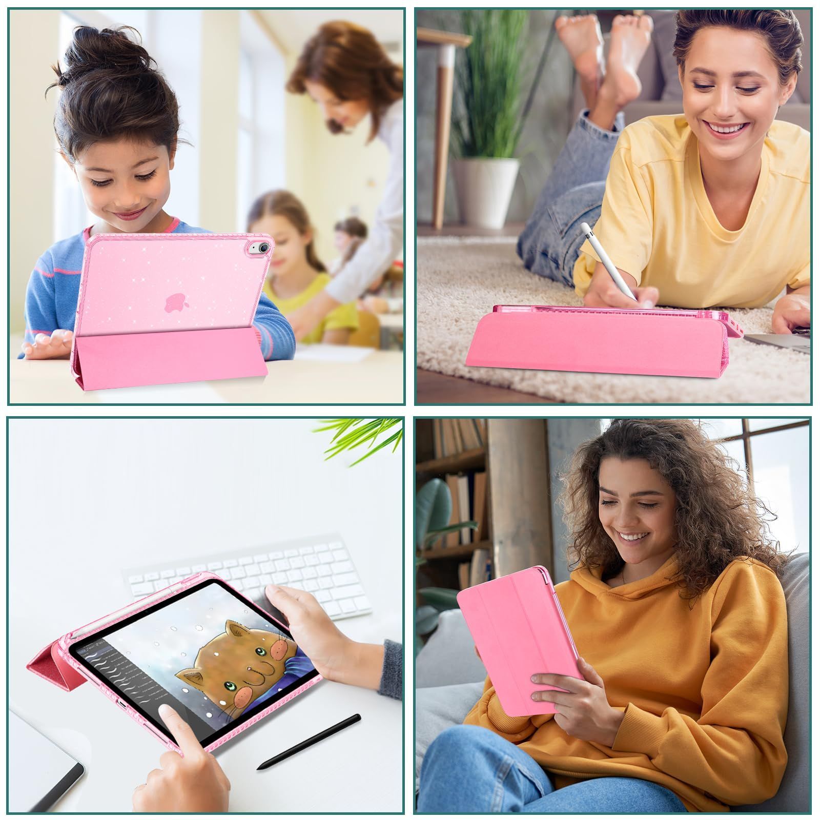 A 2696 2025通用 2757 2025 10 9インチ 2777 iPad 16 11インチ ペン収納 耐衝撃 ケース 三つ折り 11世代 10世代 スタンド スマートカバー ProCase キラキラピンク