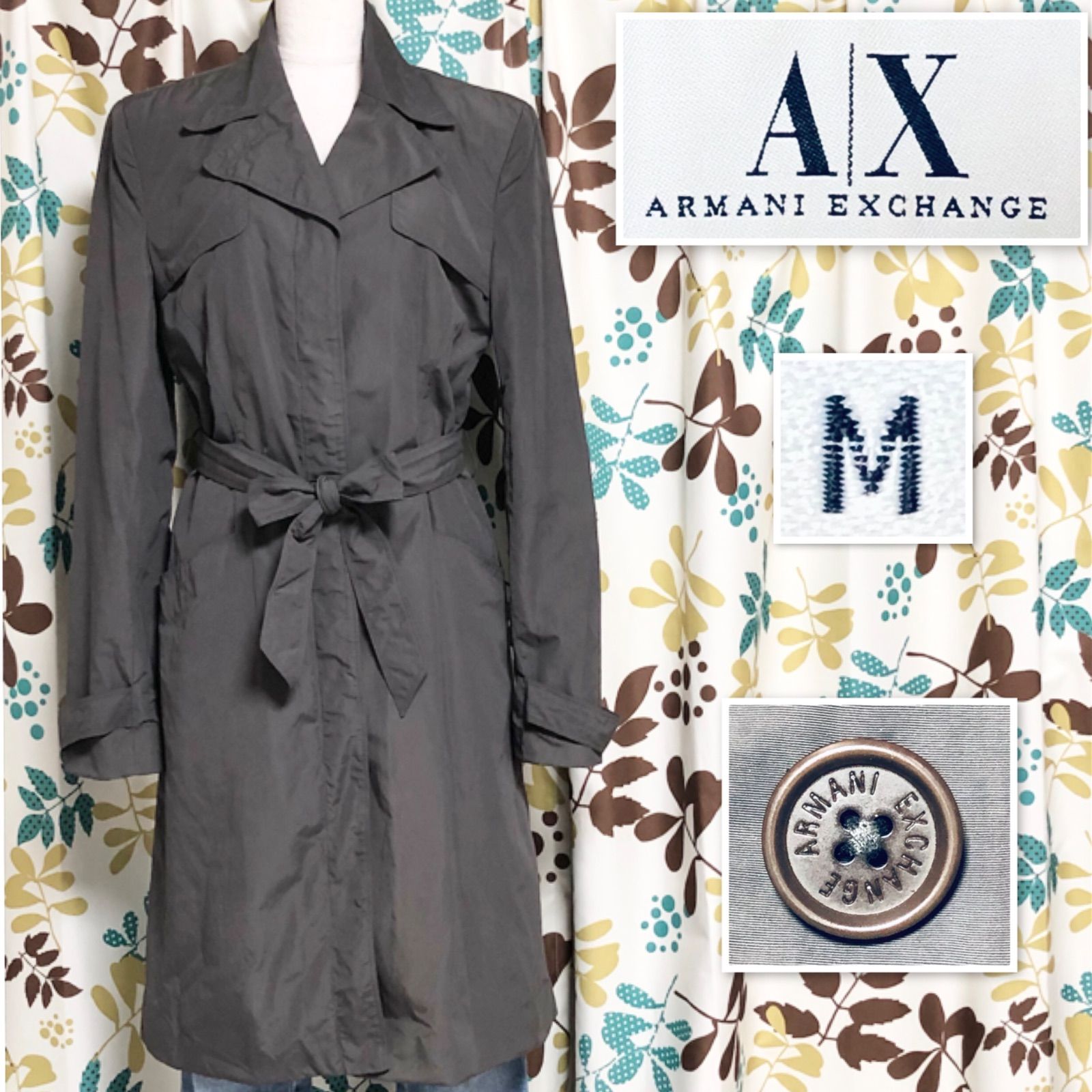 □美品□ARMANI EXCHANGE アルマーニエクスチェンジ トレンチコート ロングコート sizeM ロゴボタン ナイロン&コットン  グリーン系カーキ ミリタリーコート シングル4つボタン 比翼仕立て ウエストリボンベルト 薄い肩パッド レディース - メルカリ