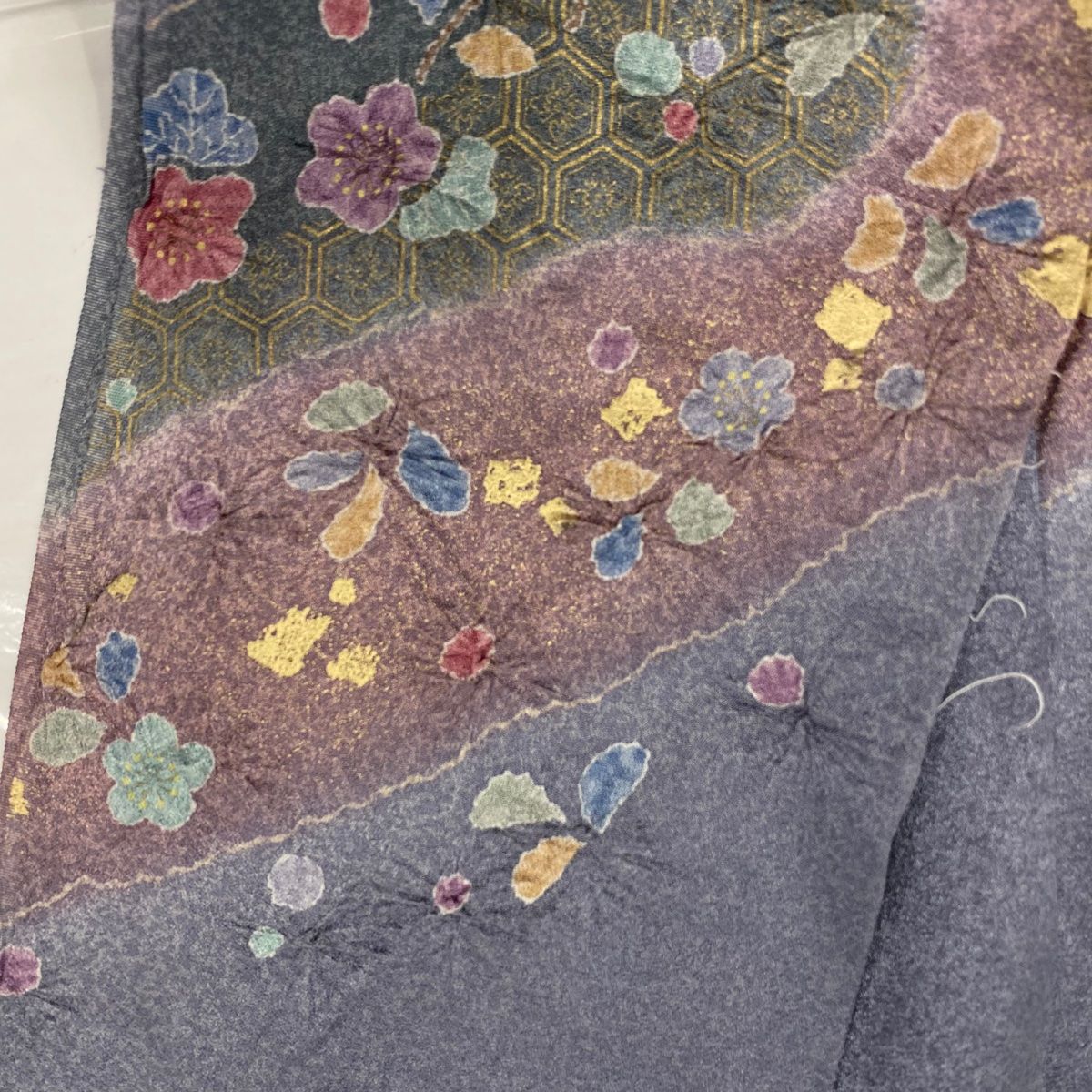 訪問着 身丈175cm 裄丈65cm 未仕立て 扇 草花 金彩 絞り 青灰色 正絹  