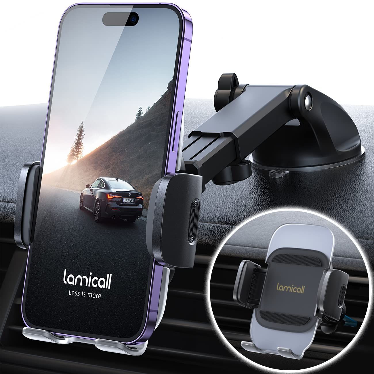 革新的デザイン 2in1 車載 スマホホルダー Lamicall アクリル表面 ダッシュボード 粘着 ゲル 吸盤式 エアコン 吹き出し口 スタンド 送風口 金属製 フック 片手操作 ワンタッチ 360度回転 手帳型ケ