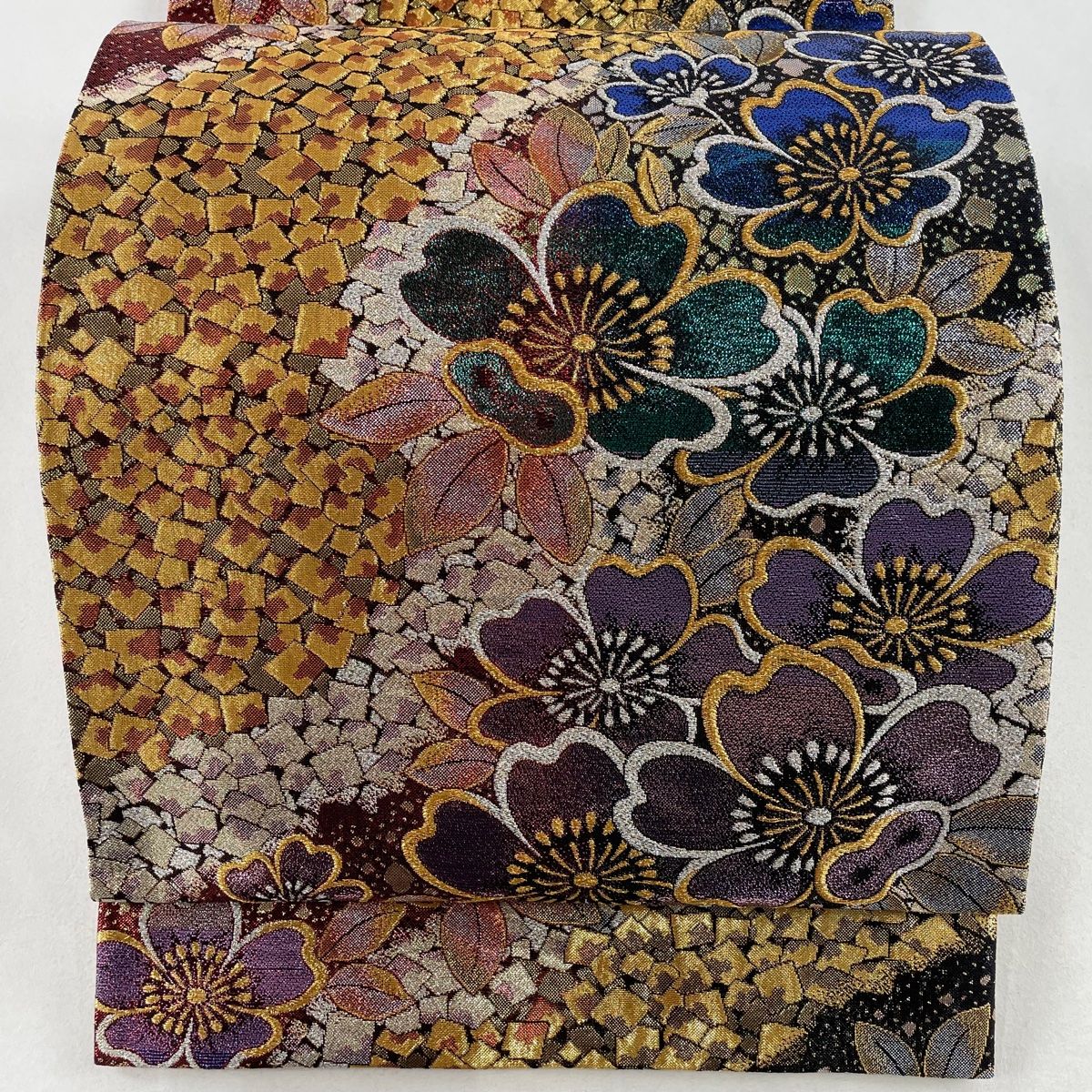 うのにもお得な情報満載！ 美品 袋帯 秀品 【中古 正絹 六通 金色 箔 金糸 幾何学模様 桜 着物・浴衣