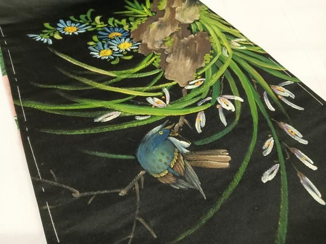 平和屋着物●アンティーク　大正ロマン　創作　両面袋帯　手描き　刺繍　花鳥風景文　黒地　正絹　逸品　AAAW4304np 平和屋着物○アンティーク 大正ロマン 創作 両面袋帯 手描き 刺繍 花鳥