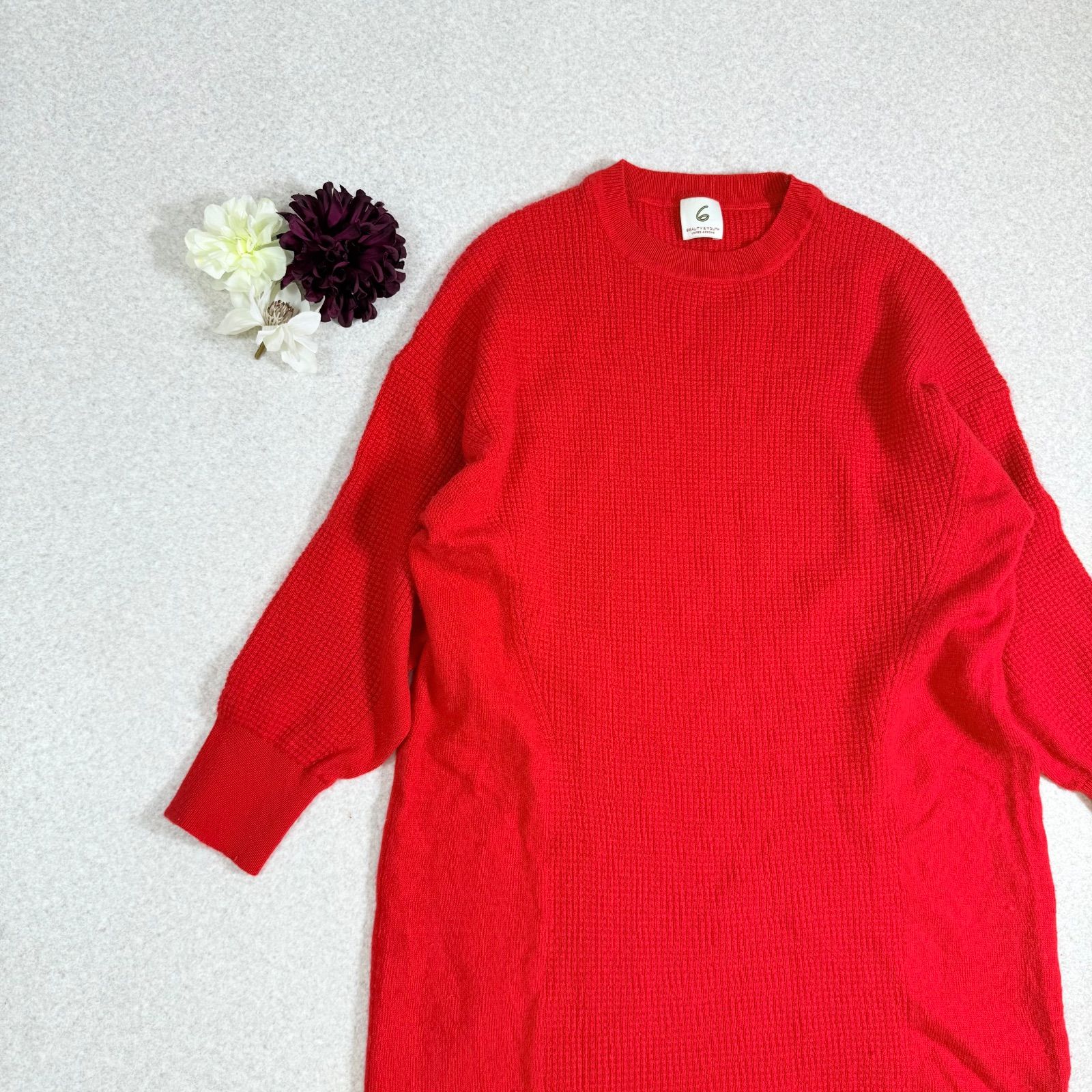 UNITED ARROWS 6 ワッフルニットワンピース マスタード 5分袖 UNITED ARROWS 6 ワッフルニットワンピース マスタード 5分袖