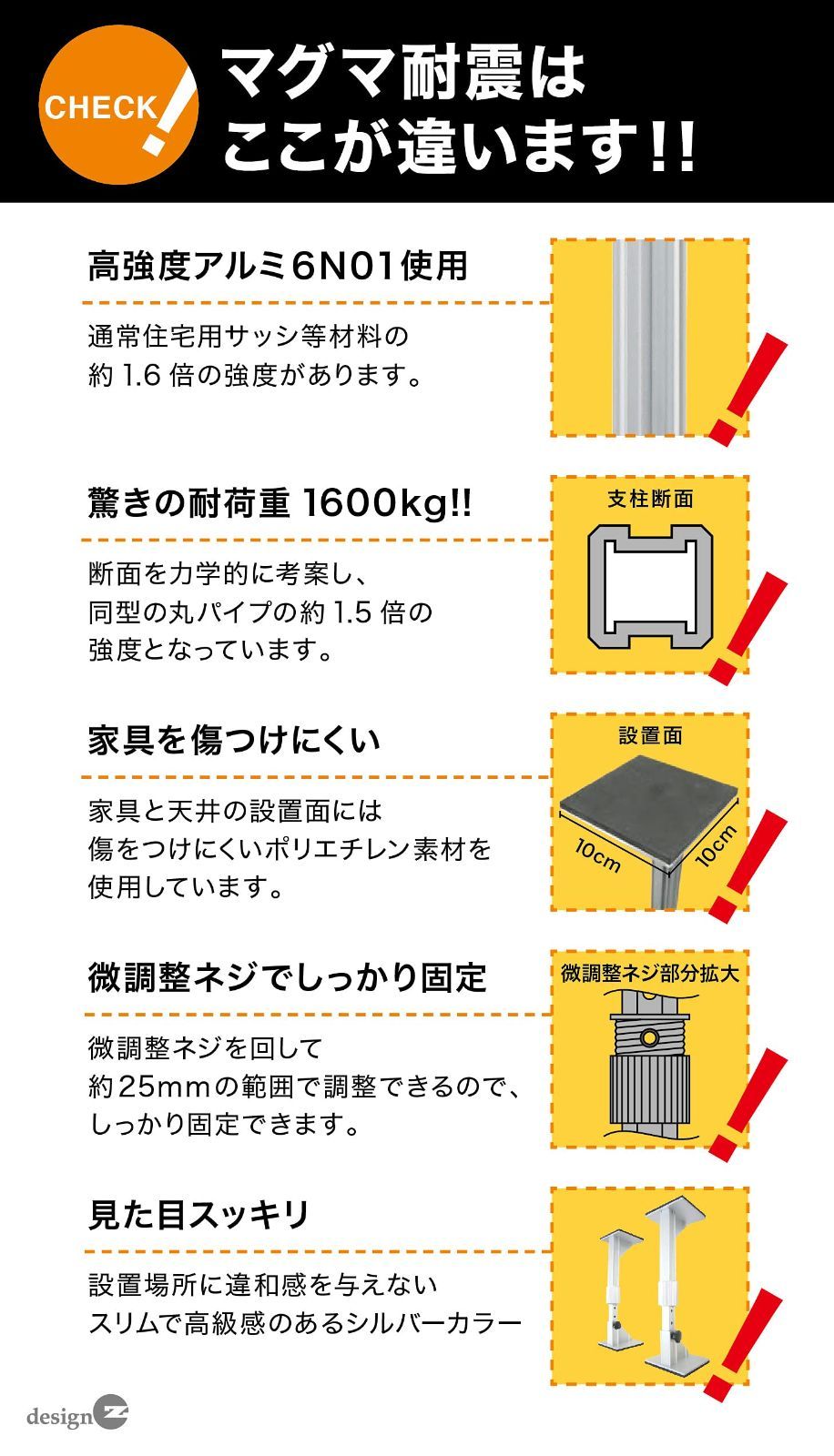 高強度アルミニウム材使用家具転倒防止器具
