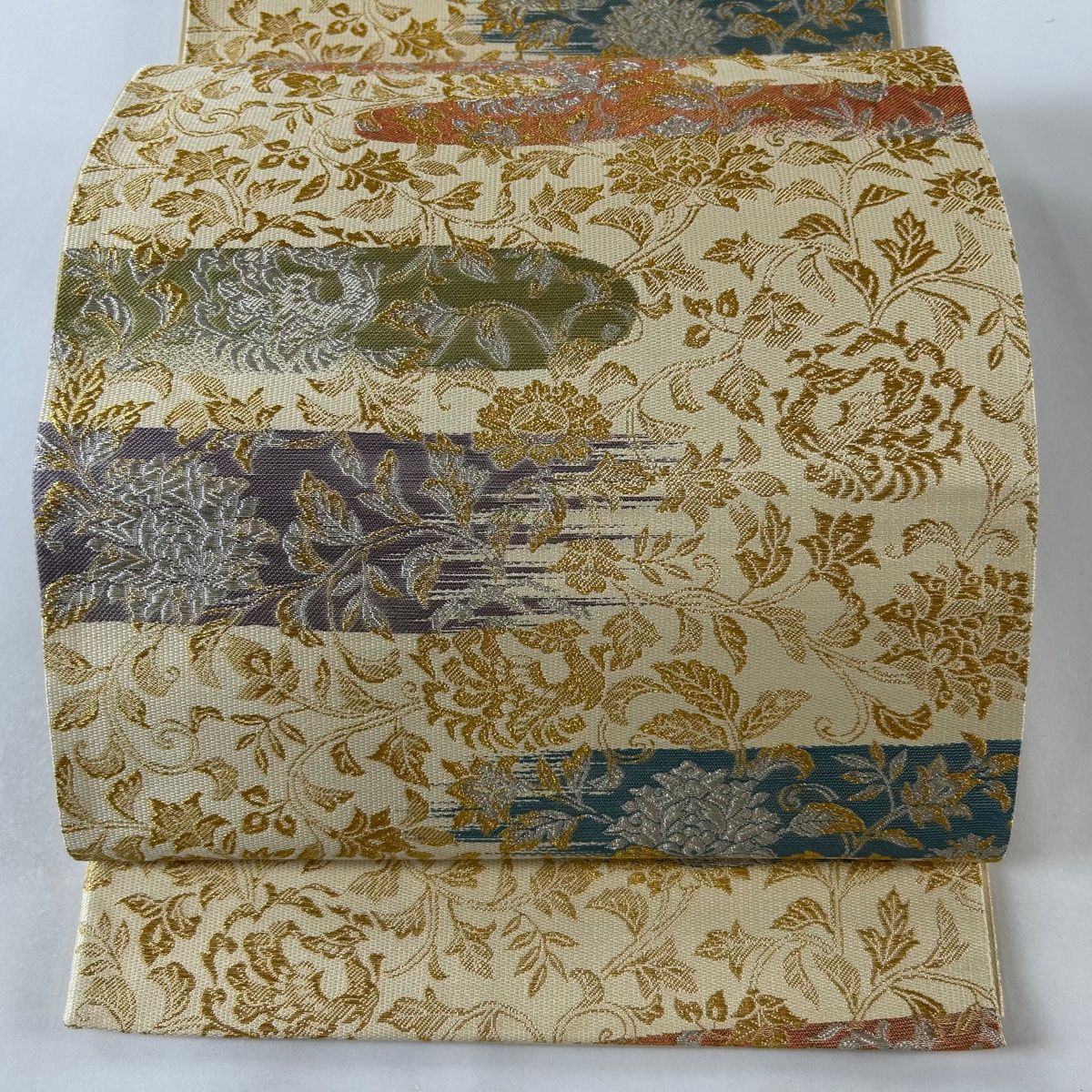 特357Mayihare 夏物 紗袋帯 引き箔 6通柄 秋草模様 洗柿色 【中古A】