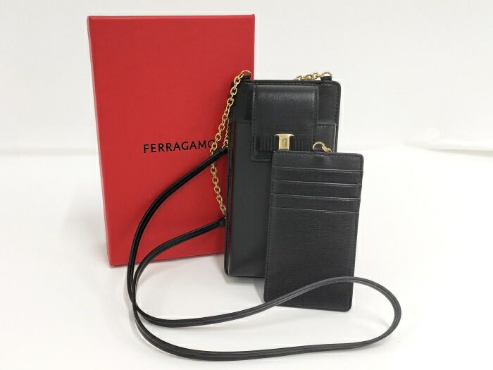 Salvatore Ferragamo チェーンショルダーバッグ スマホバッグ カードケース付き レザー ブラック 22-0381 - メルカリ