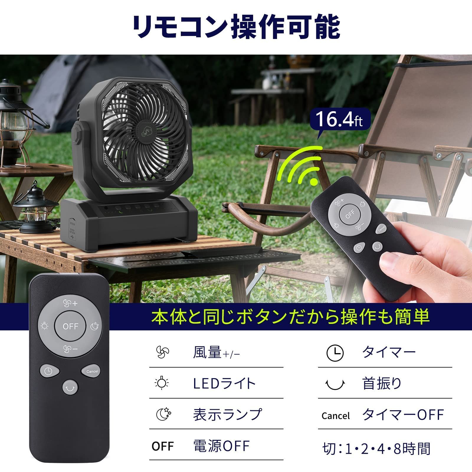 キャンプファン ライト付き 7500mAH 充電式ファン 防水 緊急ライト