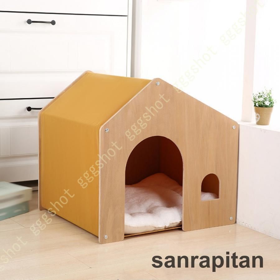 ペットハウス ハウス 小屋 W52×D47×H50cm 屋根付き ペットベッド ペットベット 犬 猫 ペット クッション付き 天然木 木製 ペット用ハウス ペット用ベッド