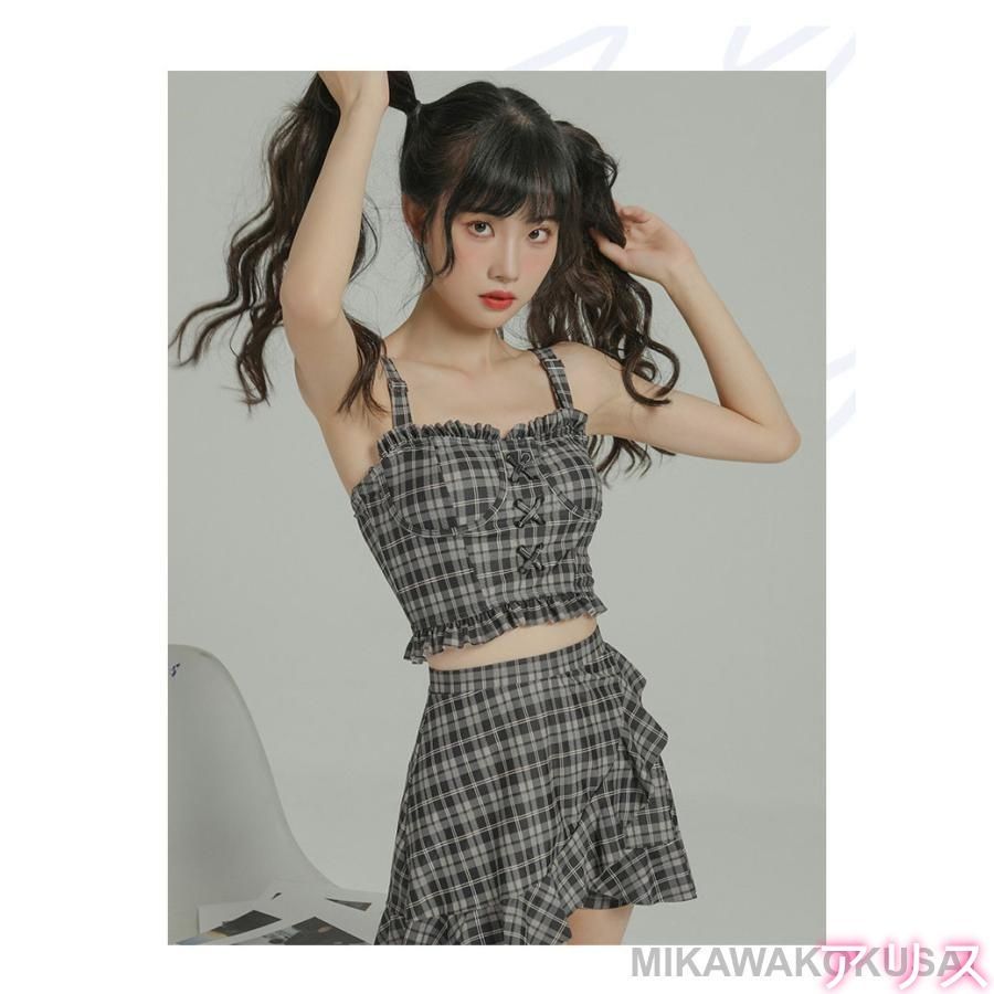 水着 レディース 全3色 チェック柄 セパレート水着 フリル 体型