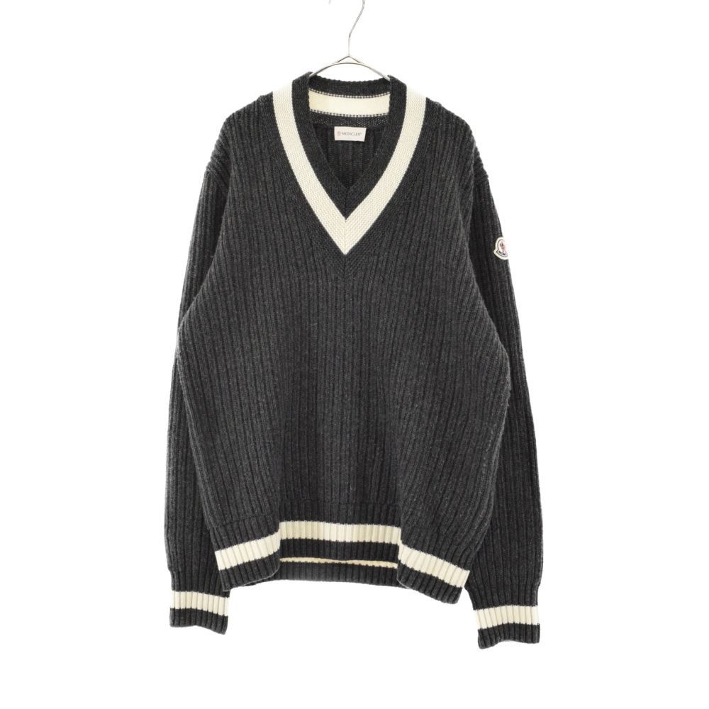 Moncler モンクレール Vネック コットン ニット 紺 MONCLER (モンクレール) SCOLLO A V TRICOT ロゴワッペン V